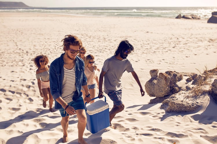 group-people-carrying-cooler-party-beach-two-young-men-carrying-cooler-with-female-friends-back-looking-spot-picnic-sea-shore